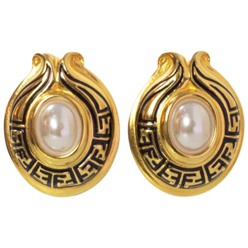 Fendi Goldtone Logo and Pearl Clip-On Earrings