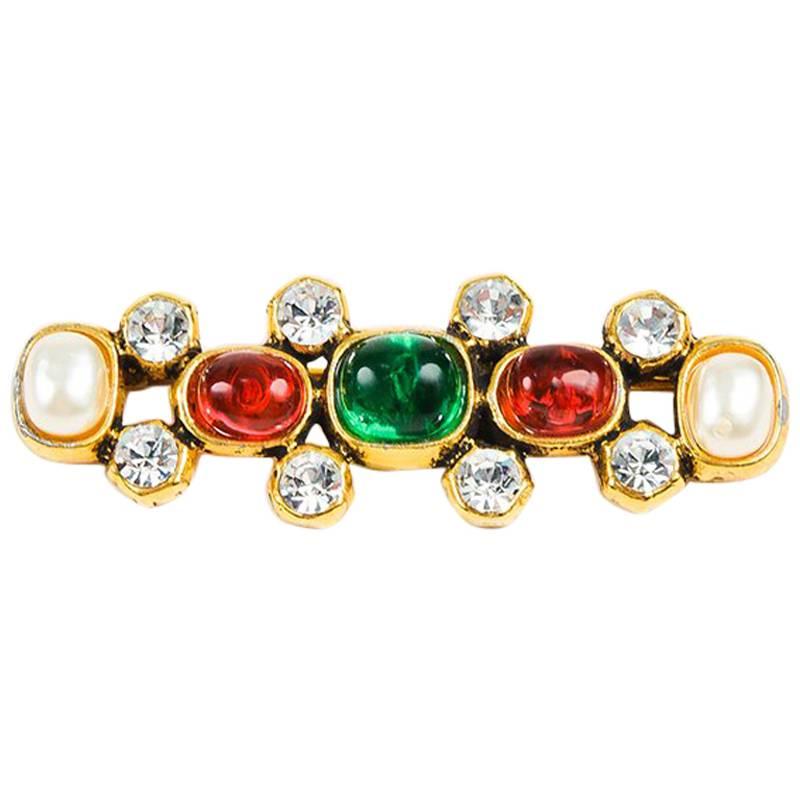 Chanel Vintage Multicolor Gold Gripoix Faux Pearl Brooch For Sale