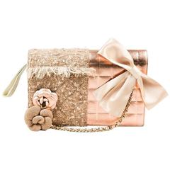 Chanel 01A Tan Rose Gold Leather Tweed Camellia Clutch