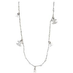 Chanel Silver Metal Crystal 'CC' Charm Thin Chain Link Necklace