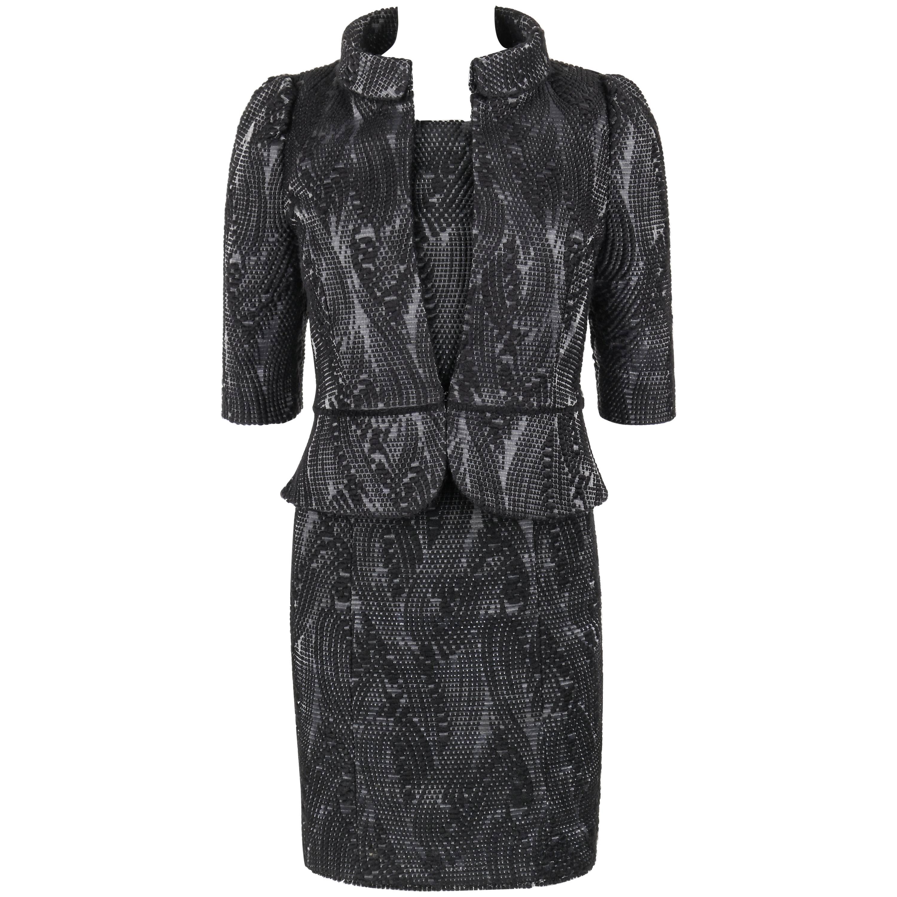 FENDI A/W 2009 2 Pc Black Wool on Grey Silk Jacket Dress Suit Set For Sale