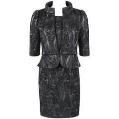 FENDI A/W 2009 2 Pc Black Wool on Grey Silk Jacket Dress Suit Set