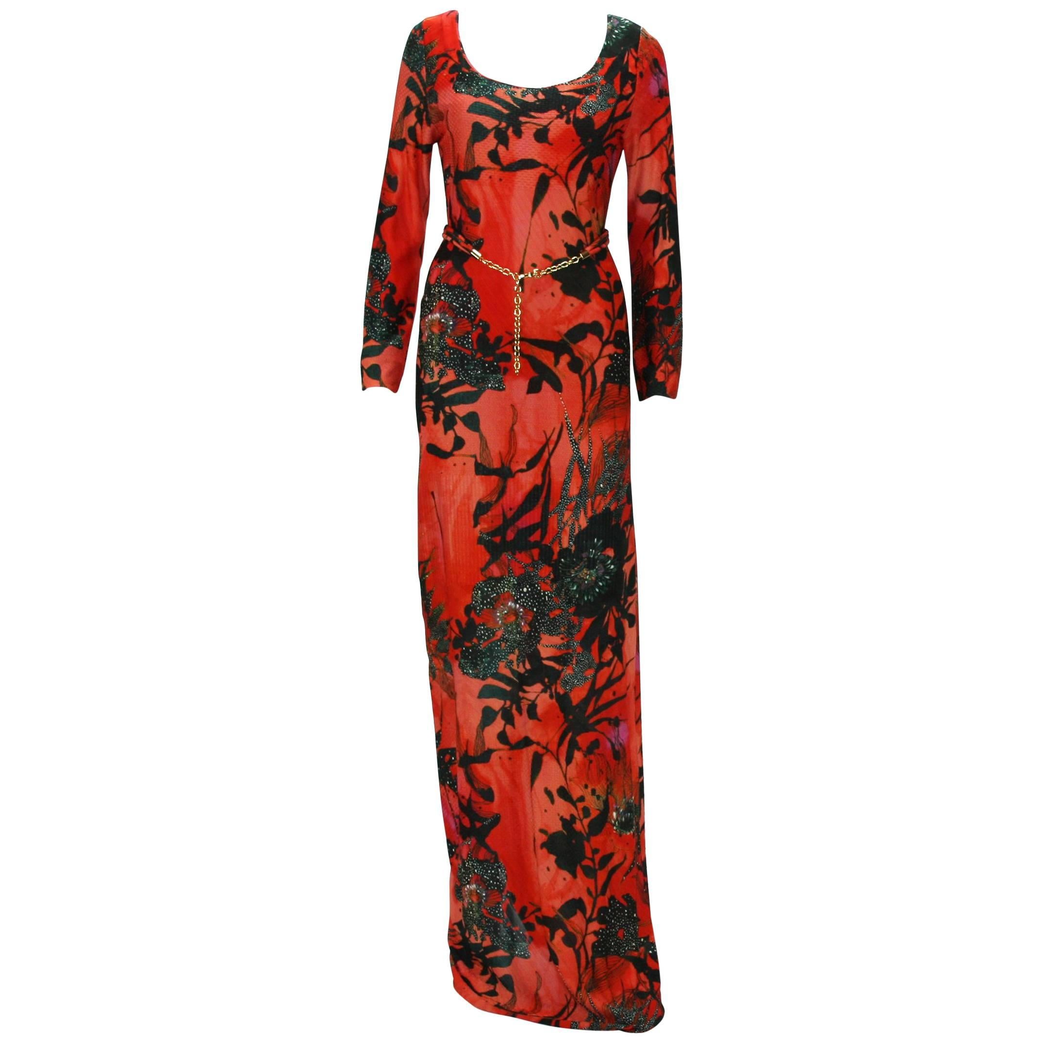 New ETRO Jersey Red Black Floral Print Long Dress with Belt IT.42 - US 6