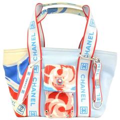 Chanel Blue x Multicolor Canvas Camellia Small Beach Tote Hand Bag