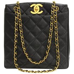 Vintage Chanel 11" Black Quilted Caviar Leather Large Shoulder Tote Bag