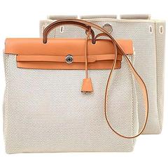 Hermes Herbag MM 2 in 1 Beige Canvas Brown Leather Shoulder Bag