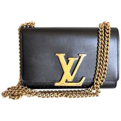 Louis Vuitton Black Leather Clutch Pochette Chain Louise MM, Small LV Pochette
