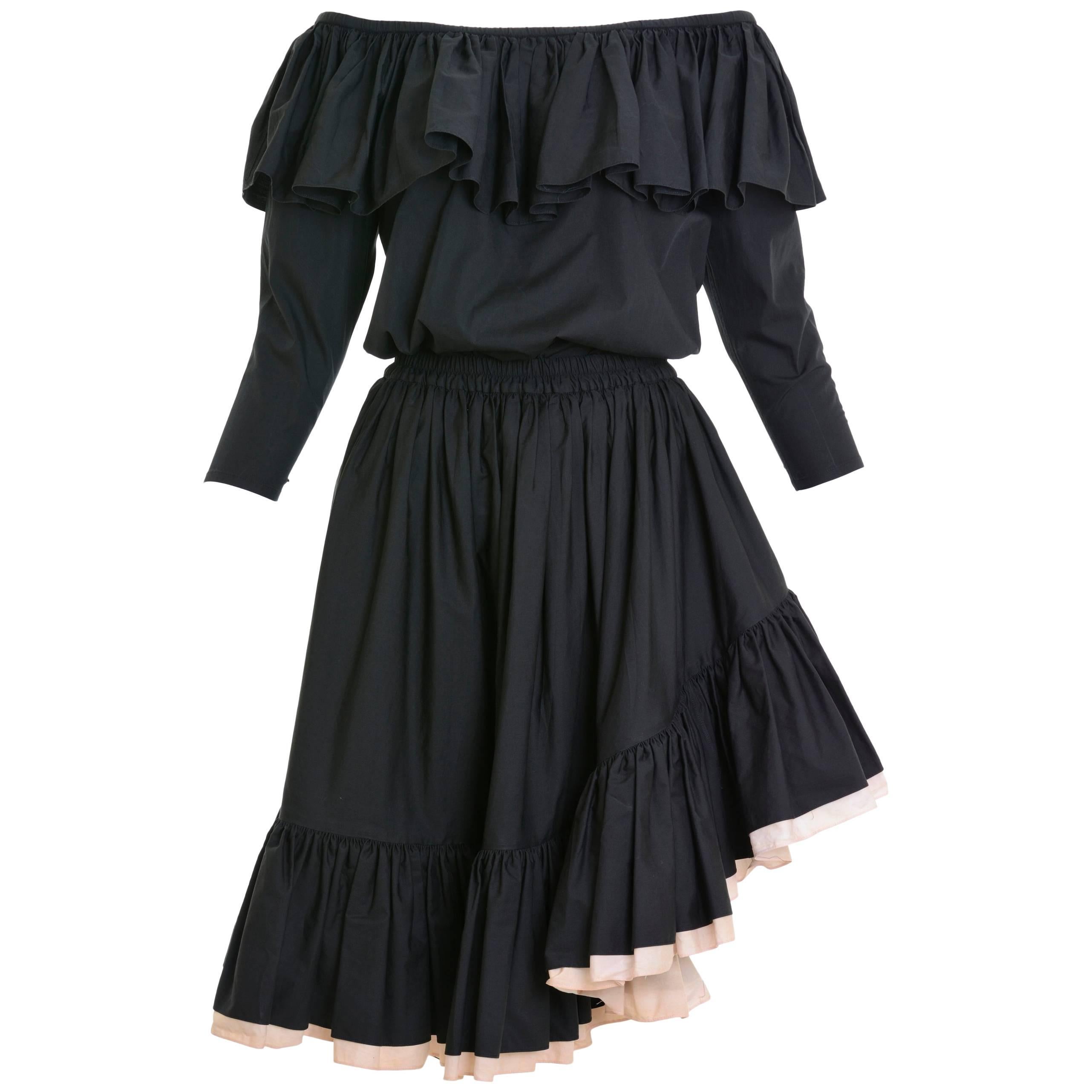 1980s YVES SAINT LAURENT Rive Gauche Black Flounced Suit Skirt For Sale