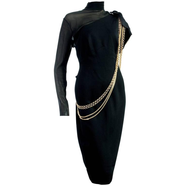 Chanel Black Cocktail Dress Sheer Silk Panel with Gold Chains