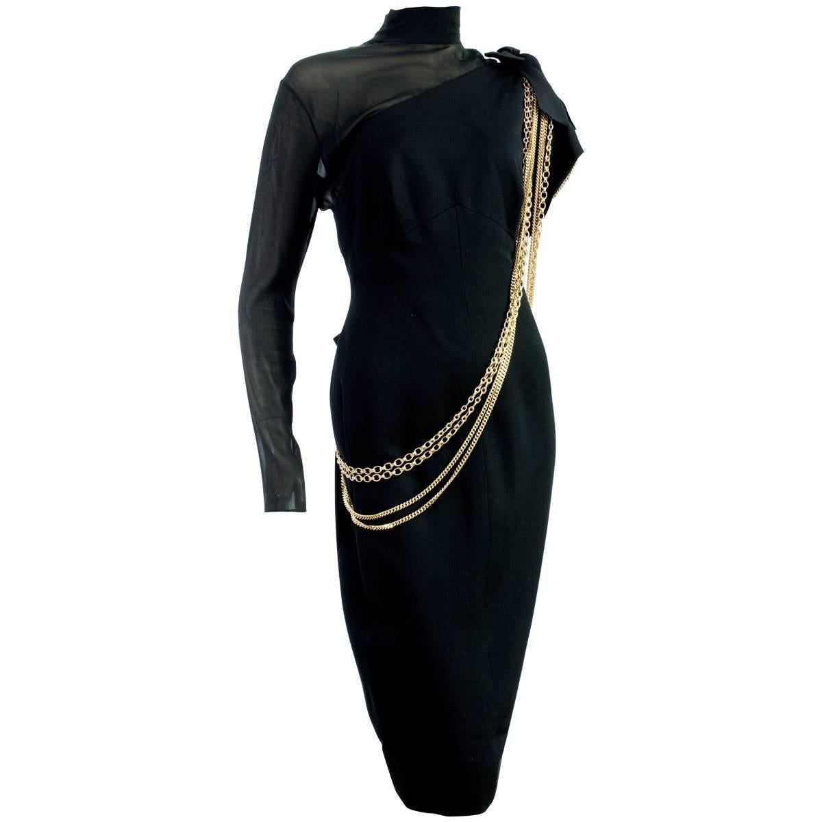 Chanel Black Cocktail Dress Sheer Silk Panel with Gold Chains, 1980s