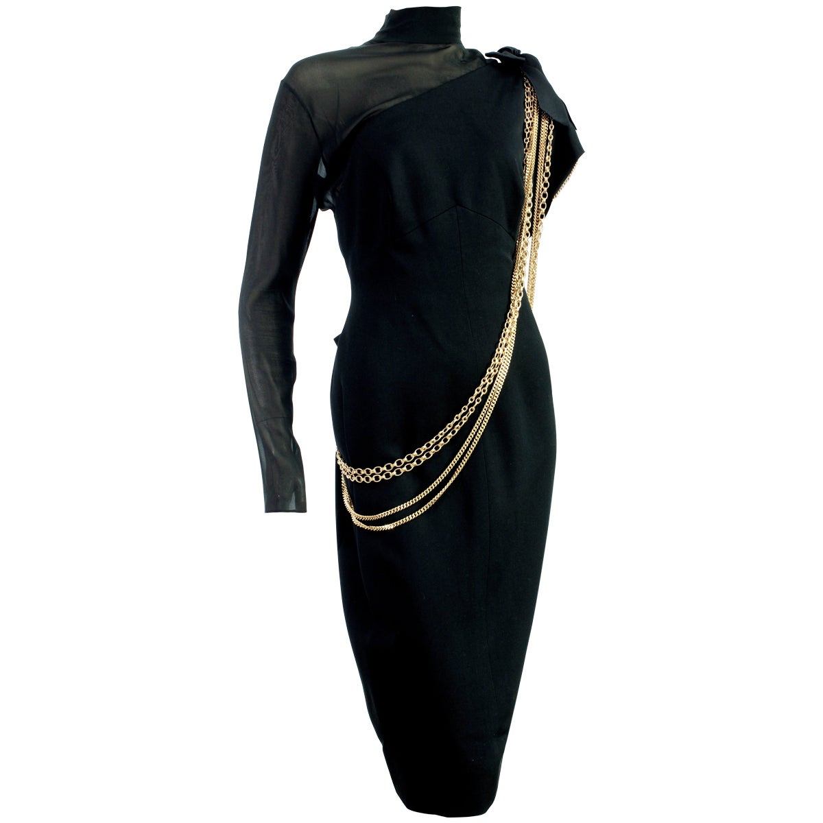 Chanel Black Cocktail Dress Sheer Silk Panel with Gold Chains, 1980s at 1stDibs | chanel black dress with chains Chanel Black Cocktail Dress Sheer Silk Panel with Gold Chains, 1980s at 1stDibs | chanel black dress with chains
