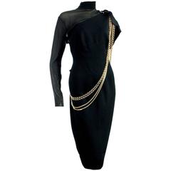 Vintage Chanel Black Cocktail Dress Sheer Silk Panel with Gold Chains, 1980s