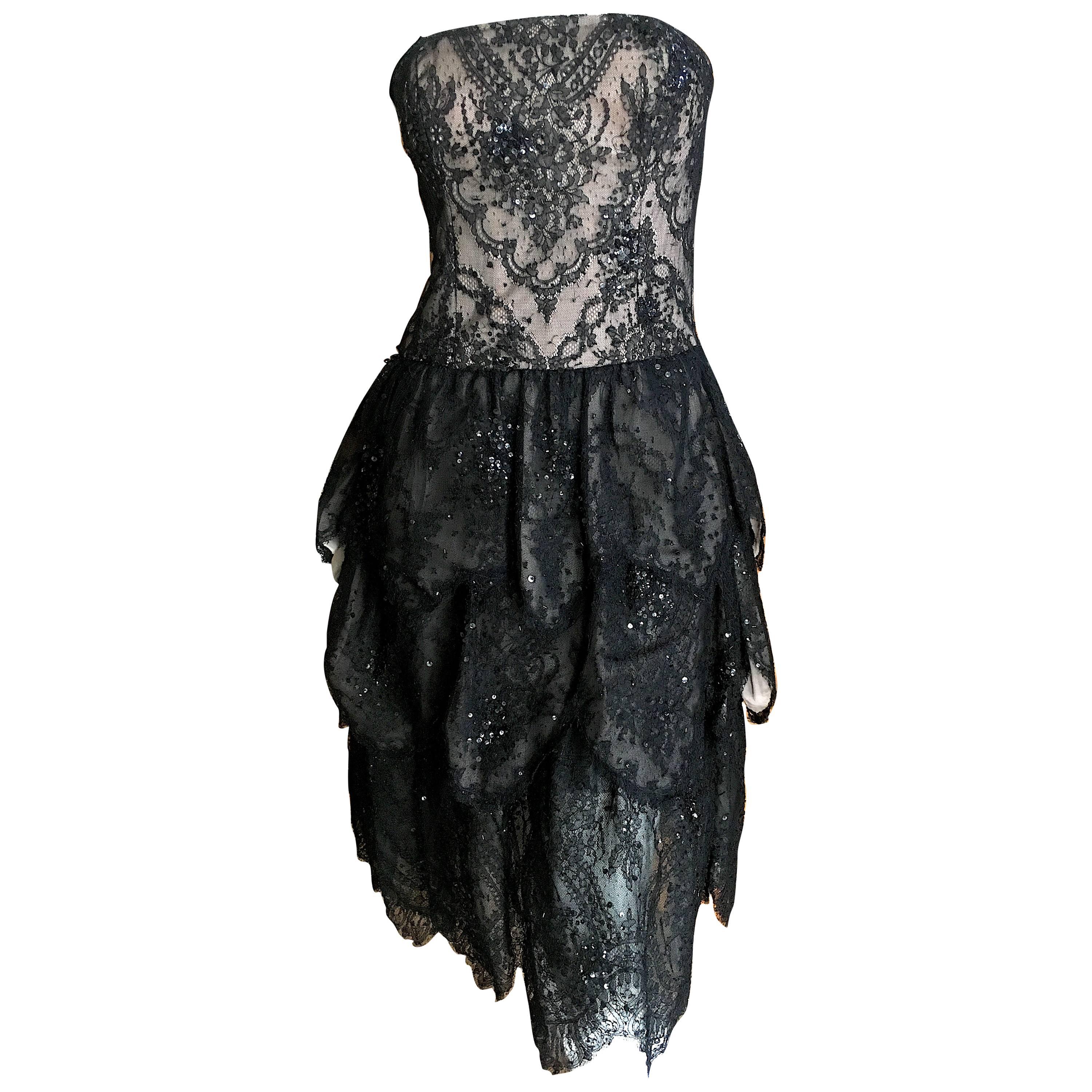 Oscar de la Renta Vintage Black Layered Lace Petal Dress For Sale