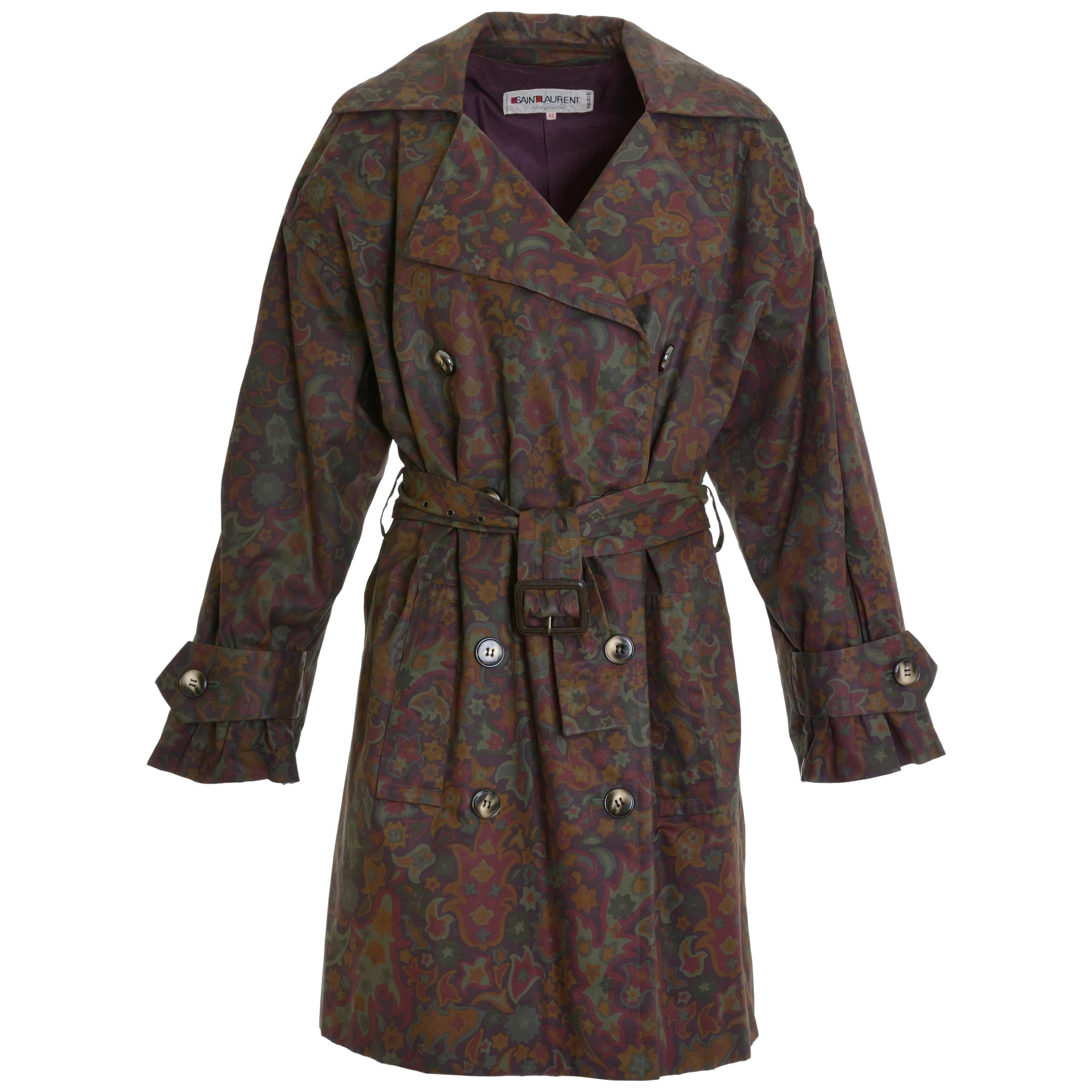 1980s YVES SAINT LAURENT Purple and Green Floral Print Trench Coat For Sale
