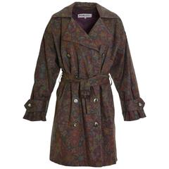 1980s YVES SAINT LAURENT Purple and Green Floral Print Trench Coat