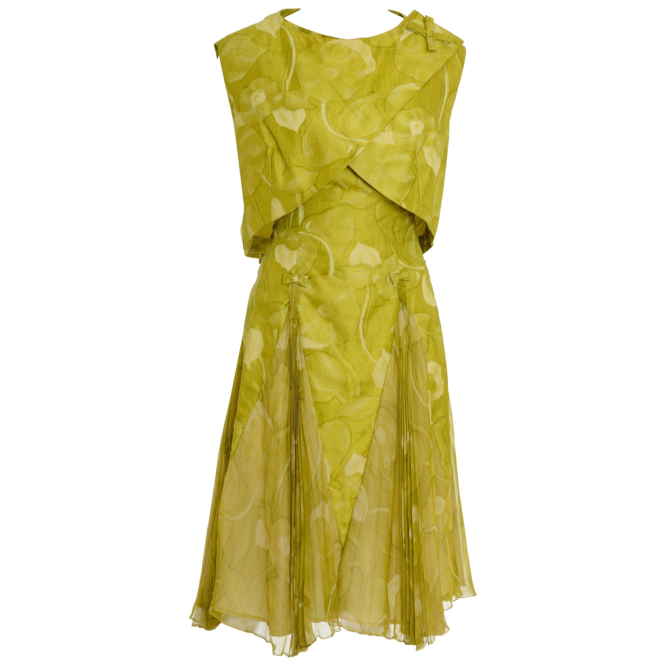 1950s Italian Couture Floral Print Cocktail Suit Pleateds Bolero Suit Dress For Sale