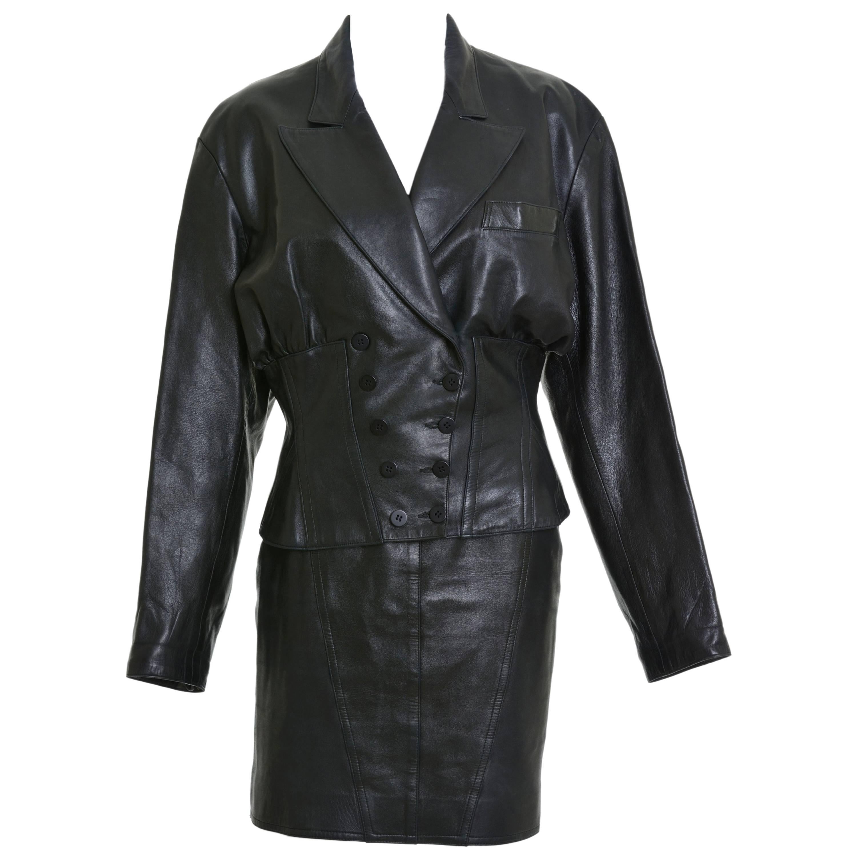 1990s Alaïa Black Leather Jacket & Skirt For Sale