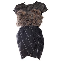 Vintage 1990S GEOFFREY BEENE Black & Grey Silk Feathers Cocktail Dress