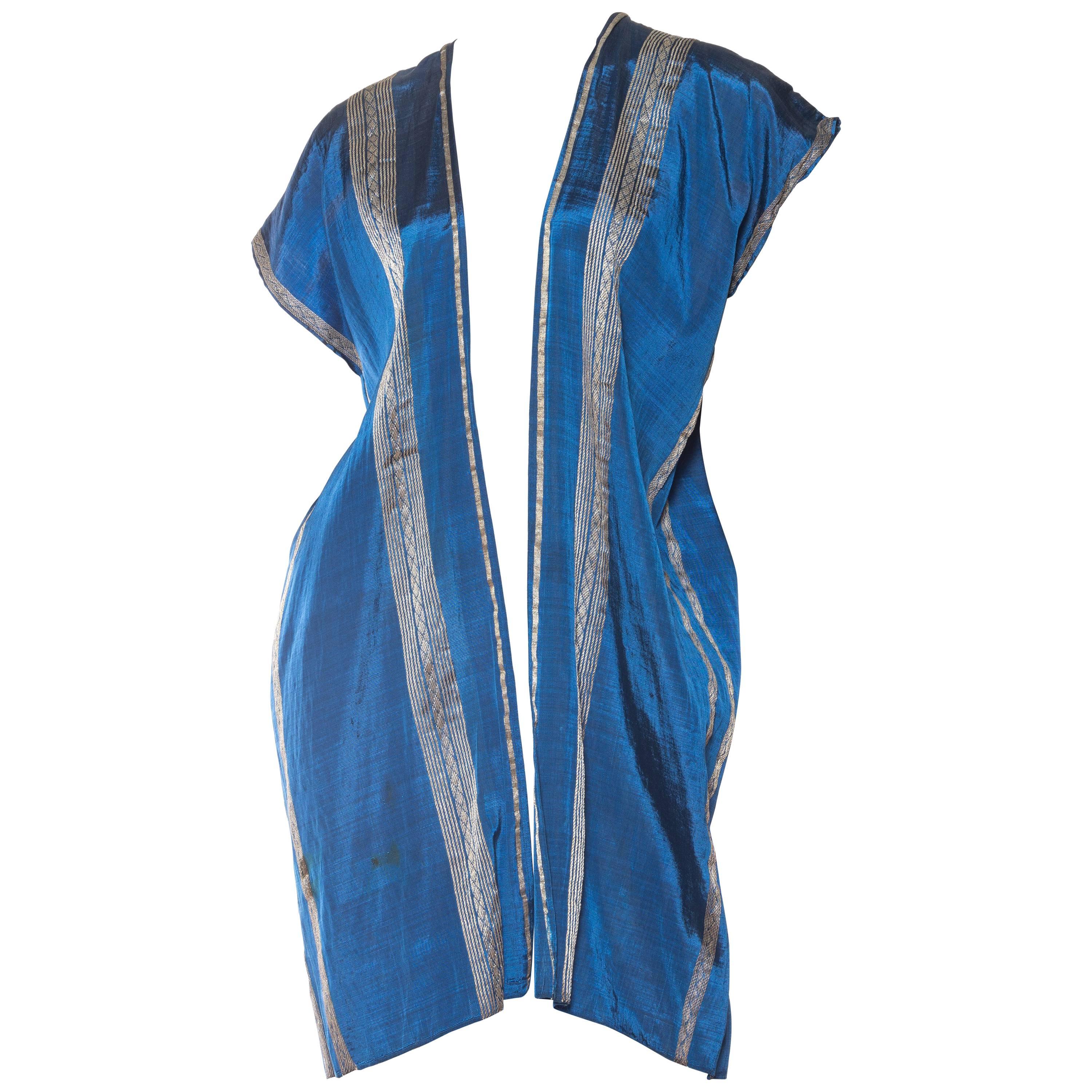 1930S Blue Hand Woven Rayon Blend With Real Silver Threads Kaftan Vest