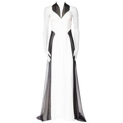 1980S THIERRY MUGLER COUTURE White Silk Blend Crepe Backless Gown With Black Ch