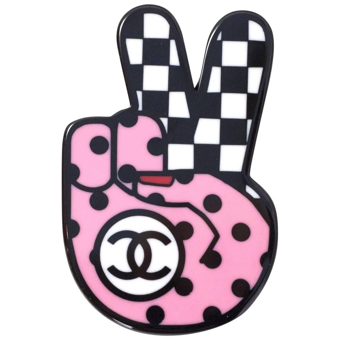 Chanel Pink & Black Peace Emoji Brooch Pin with Box