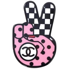 Chanel Pink & Black Peace Emoji Brooch Pin with Box