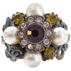 Chanel Multi Stone & Faux Pearl Ring Sz 6.5 10