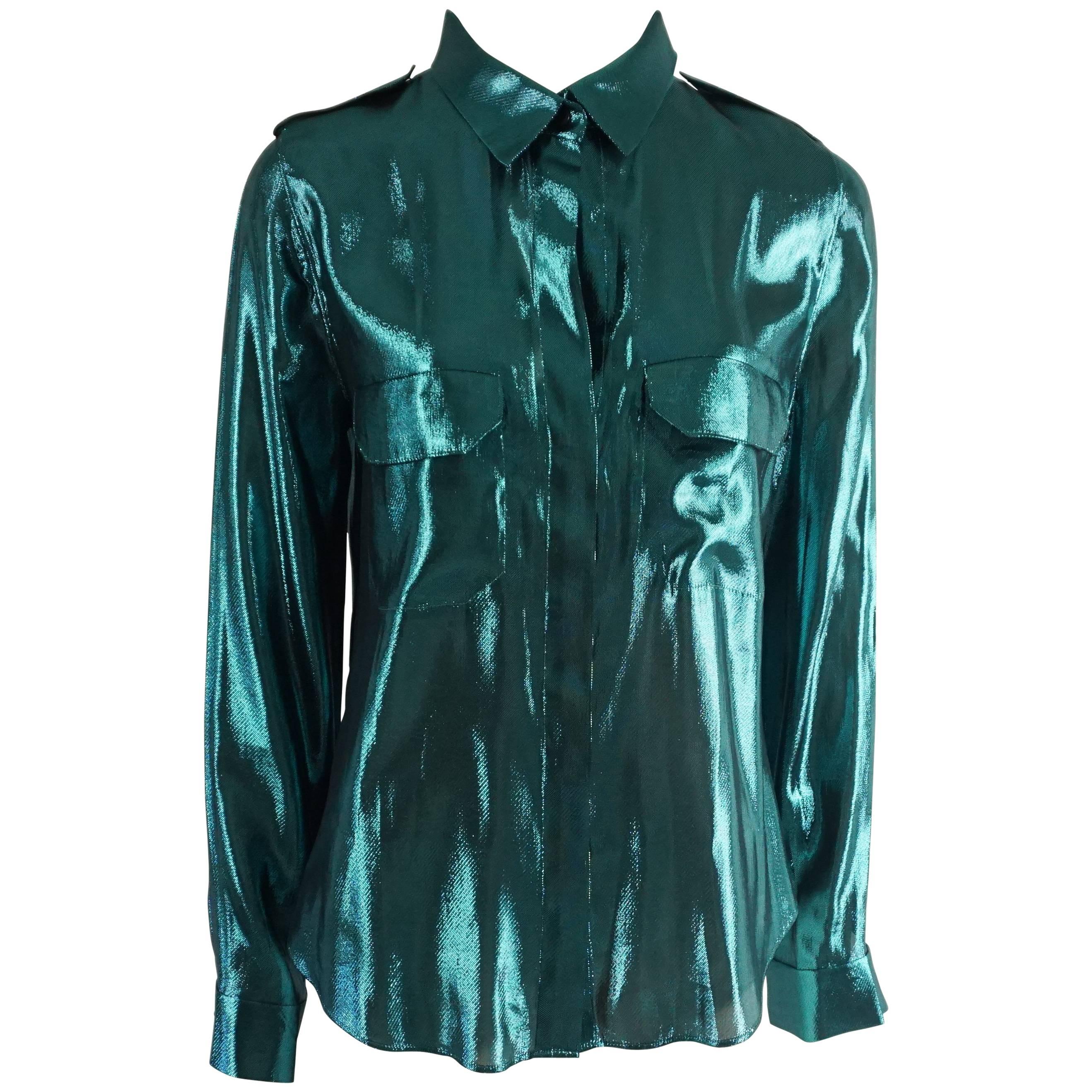 Lanvin Metallic Teal Silk Lame Button Down Shirt – 38