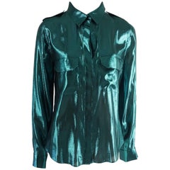 Lanvin Metallic Teal Seide Lame Button Down Hemd - 38