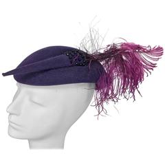Vintage Mr John purple wool beaded and feather cocktail hat 1950s 7