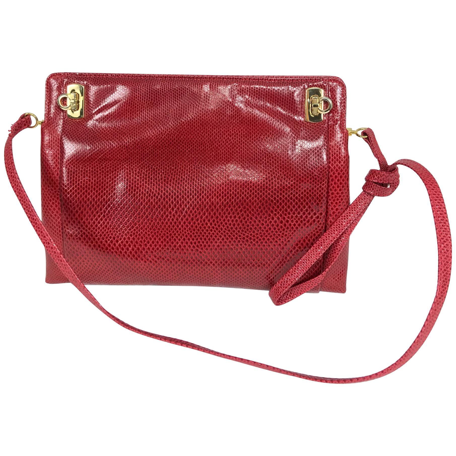 Vintage Ferragamo red lizard clutch cross body handbag 1980s