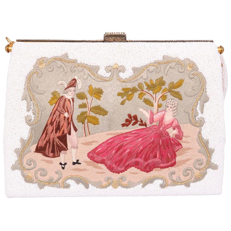 French Hand Embroidered Caviar Beaded Evening Bag, Sterling Silver Frame For Sale at 1stdibs