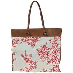 Valentino leather trimmed painted coral canvas tote bag 