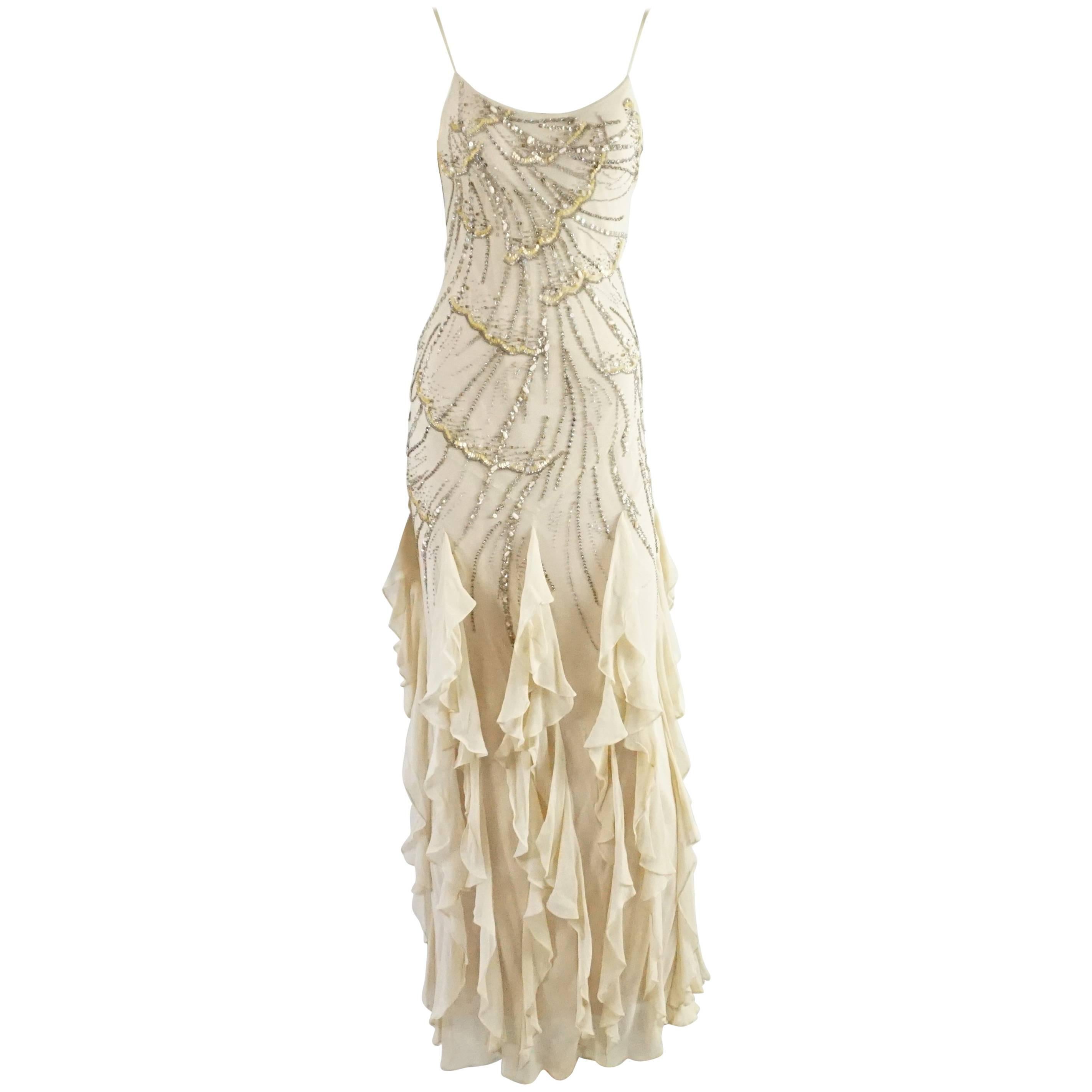 Valentino Blush Silk Beaded Gown with Bottom Ruffles – S