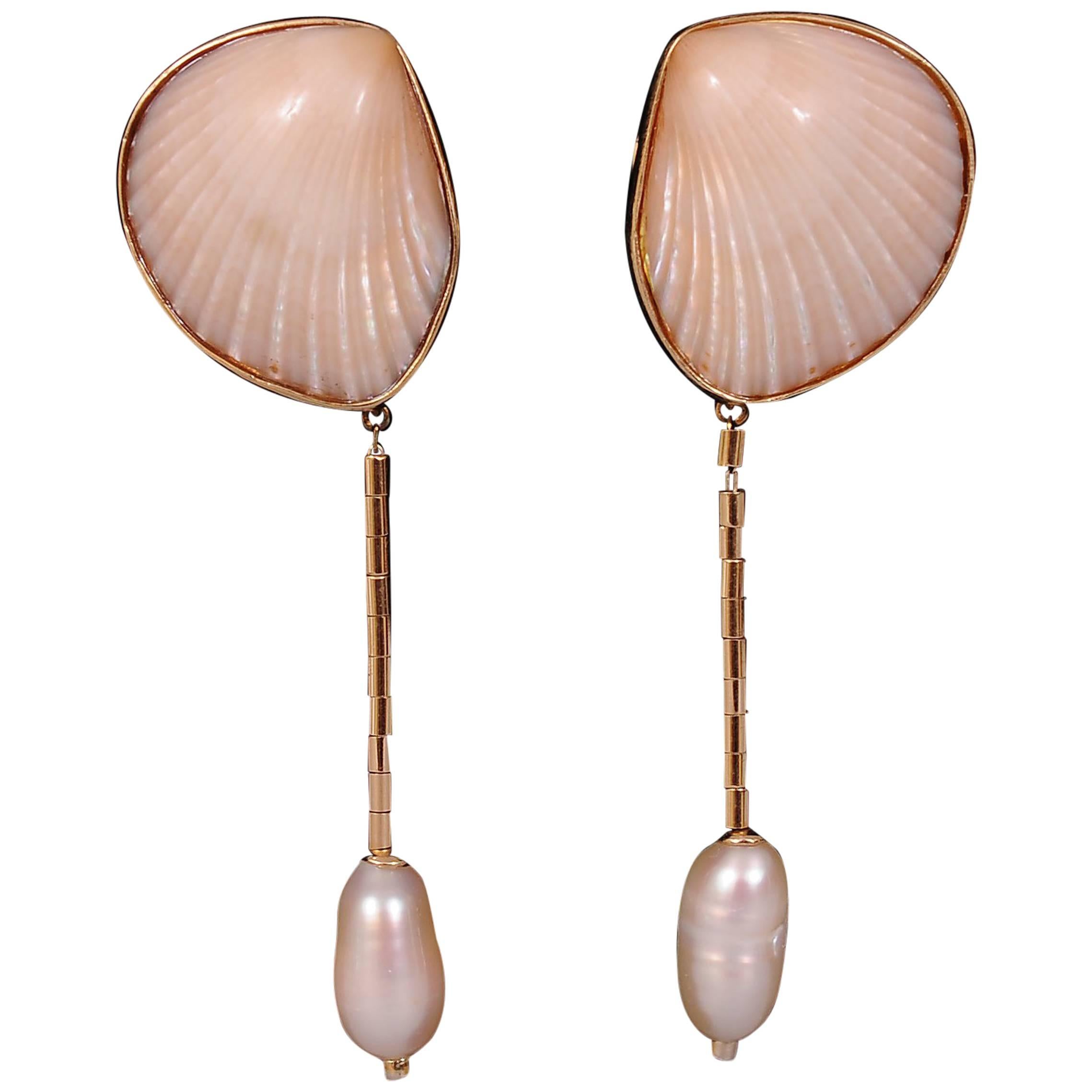Marguerite Stix Night and Day Shell Pearl Diamond and Gold Earrings
