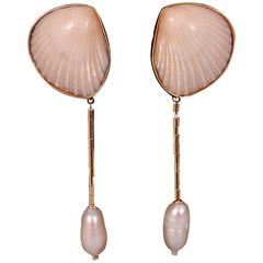 Marguerite Stix Night and Day Shell Pearl Diamond and Gold Earrings