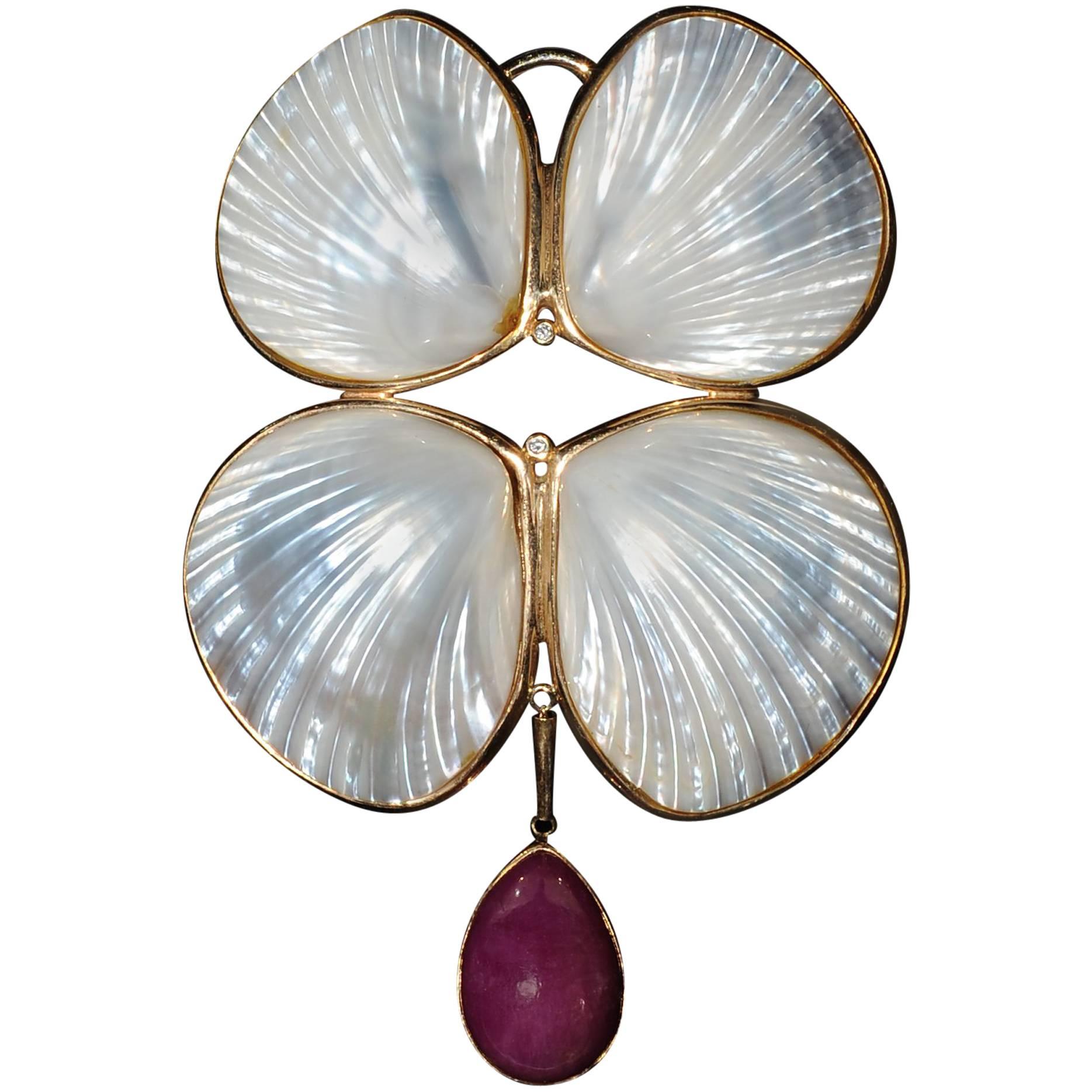Marguerite Stix Shell Pin or Pendant Ruby Diamonds and Gold