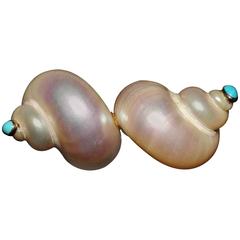Marguerite Stix Shell Pin with Turquoise and Gold circa 1970 1