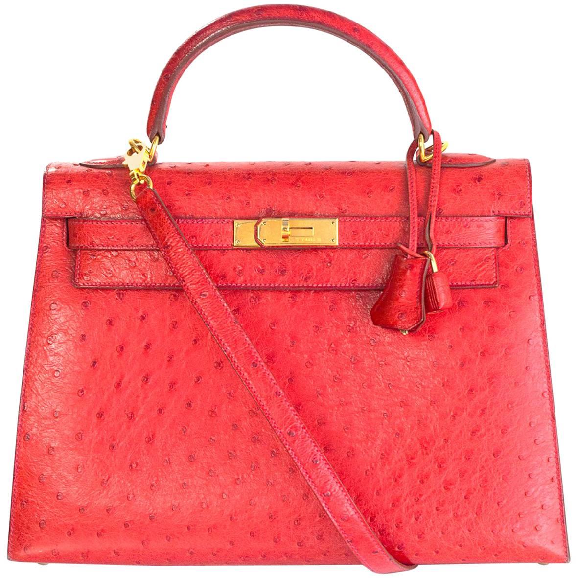 Hermes Red Ostrich Sellier Rigid 32cm Kelly Bag with GHW