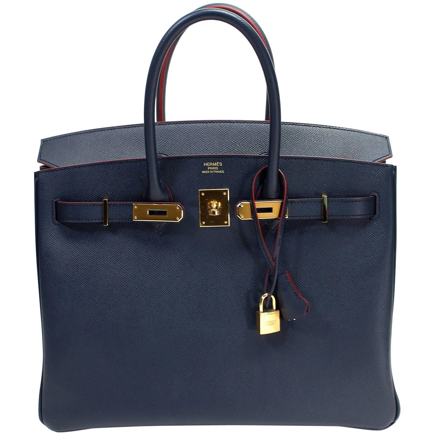 Hermes Bleu Indigo and Rouge H Epsom 35 cm Contour Birkin Bag with GHW