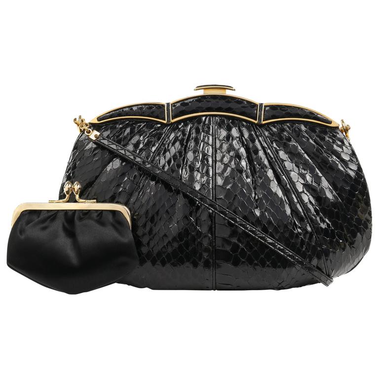 JUDITH LEIBER c.1980's Black Snakeskin Gold Scalloped Frame Evening Bag
