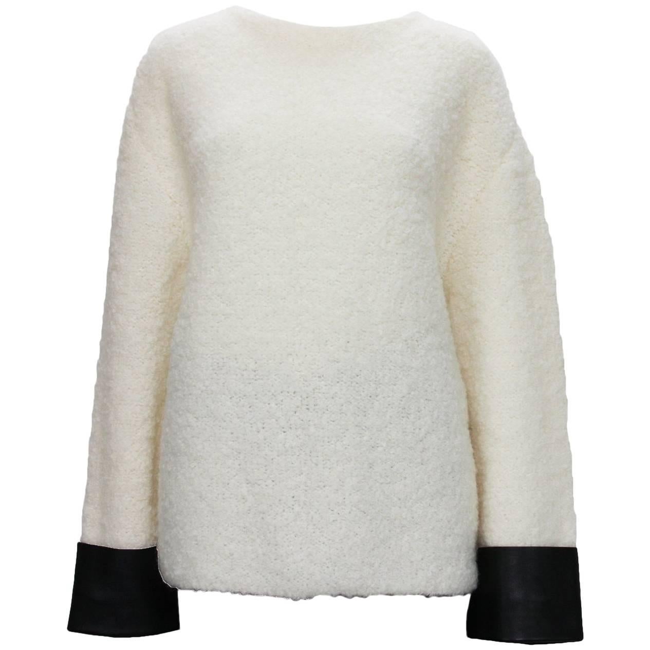 New $1630 GUCCI Boucle Wool Alpaca Cream Knitted Sweater w / Leather Cuffs M (L)