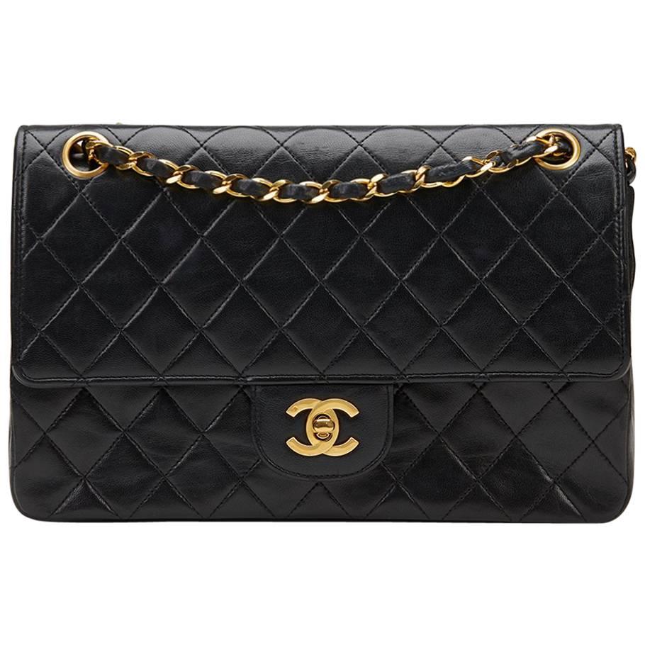 1980s Chanel Black Quilted Lambskin Vintage Medium Classic Double Flap Bag