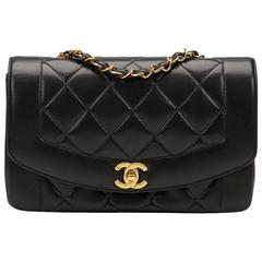 1990s Chanel Black Quilted Lambskin Retro Diana Classic Single Flap Bag