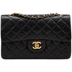 1990s Chanel Black Quilted Lambskin Vintage Small Classic Double Flap Bag