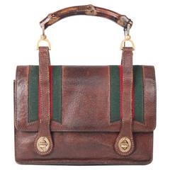 GUCCI VINTAGE Brown Pigskin Leather HANDBAG w/ Bamboo HANDLE