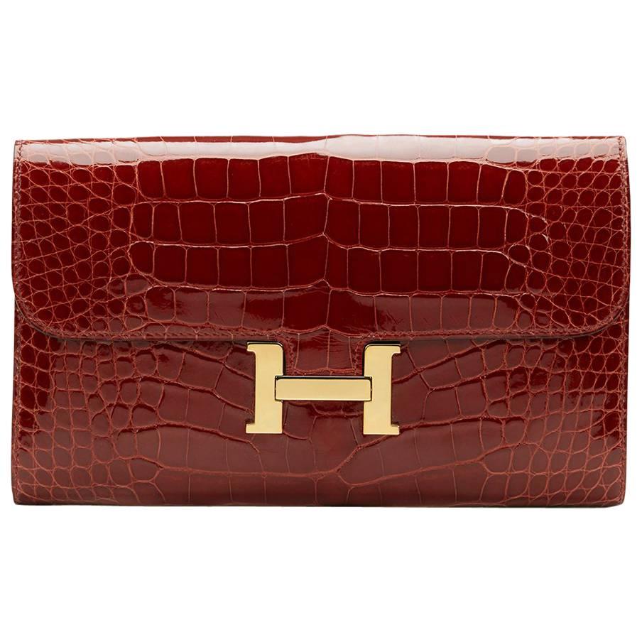 2014 Hermes Rouge H Shiny Alligator Constance Long Wallet