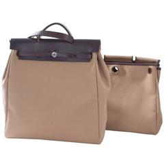 2005 Vintage HERMES 2in1 HERBAG Toile and Dark Brown Leather MM 1