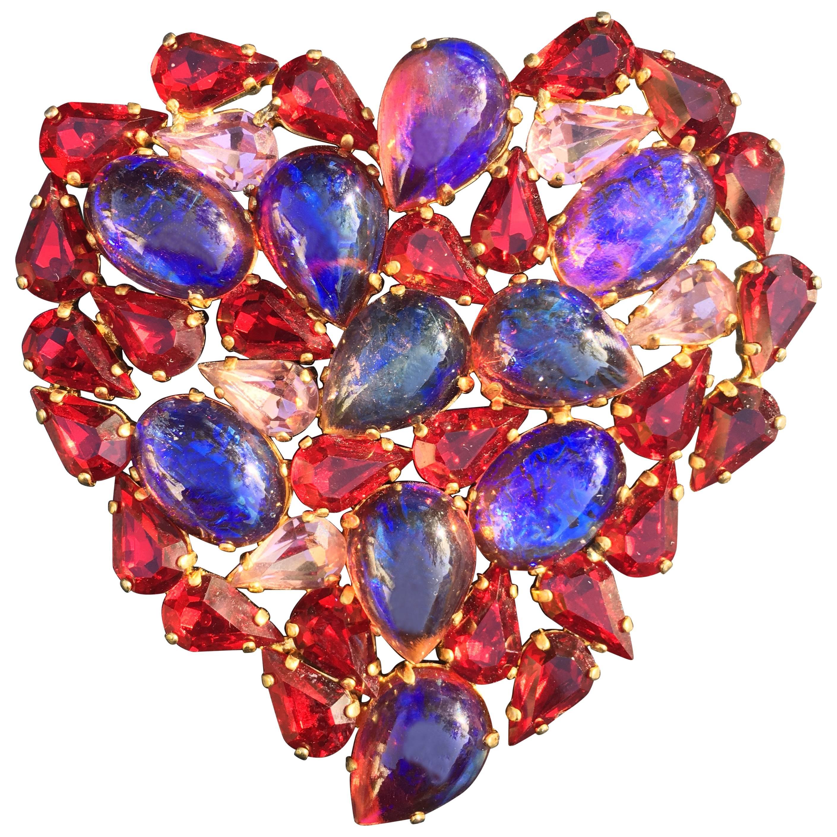 Yves Saint Laurent Rive Gauche 1970's Large Cabochon Heart Pin Made in France For Sale
