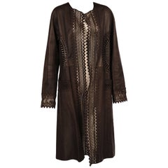 Gianfranco Ferre Chocolate Brown Laser Cut Leather Coat, Larger Size 12